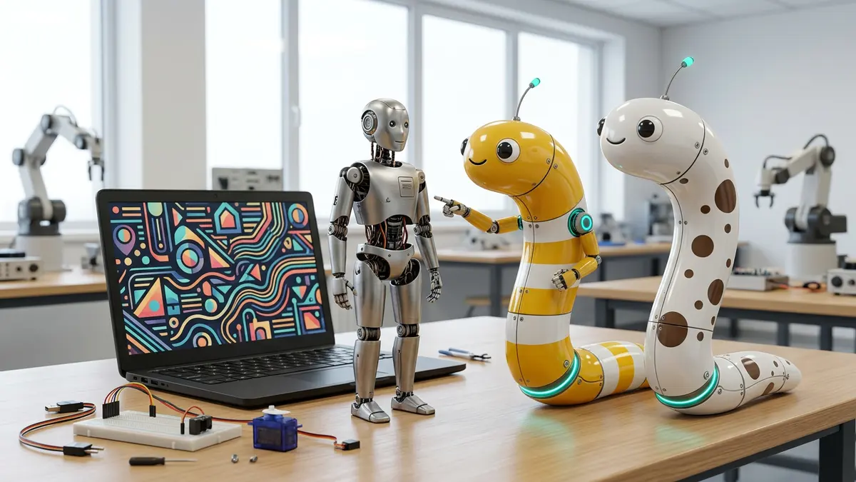 ノートパソコンと小さな人型ロボットの横に立つ、ロボットになったしーまとにょろ吉（イメージ画像・AIで作成）